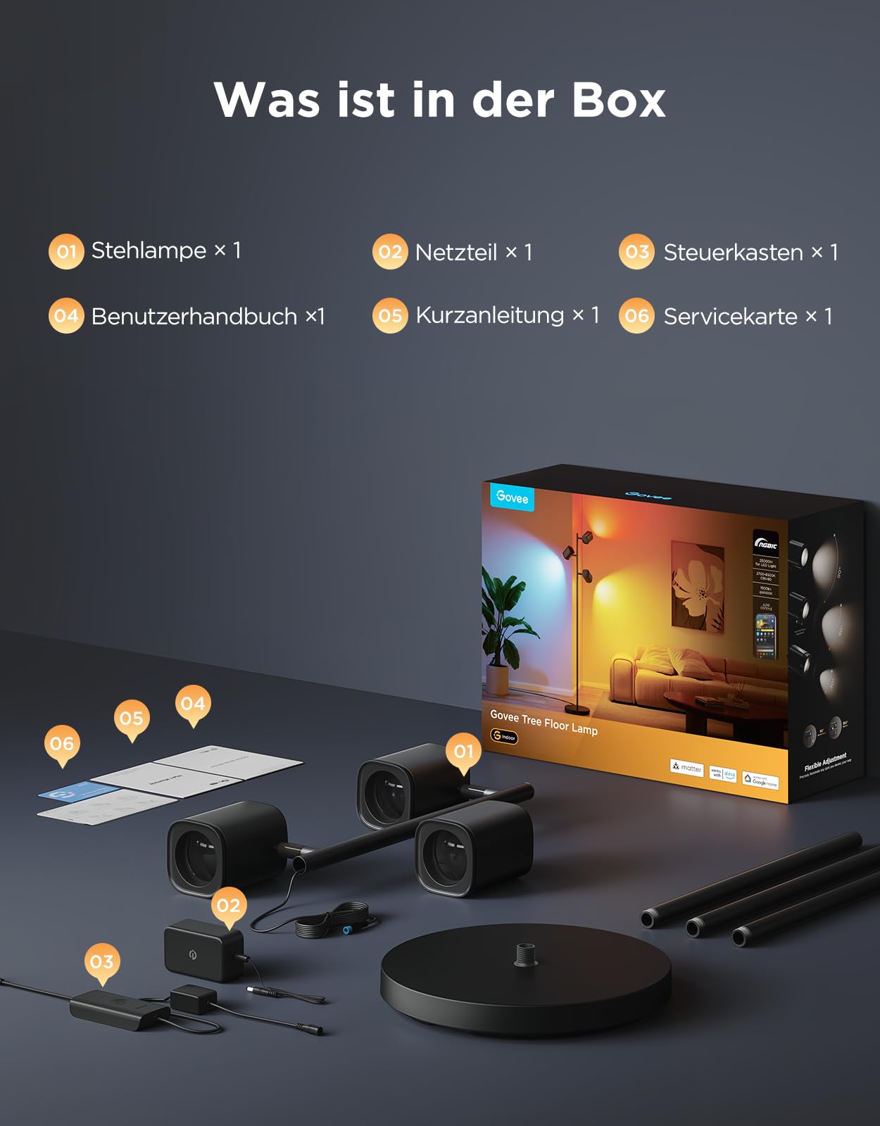 Govee 3-Flammen LED Stehlampe, RGBWW Fokus-Verstellbar, 1500lm, Matter Alexa Kompatibel, 64+ Szenen, Musik Sync, 157cm, Schwarz