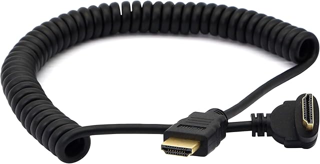 PNGKNYOCN Right Angle HDMI Coiled Cable,90 Degree HDMI Male to HDMI Male Spring Spiral Cable Support 3D 1080P for Camera, Monitor (black down)