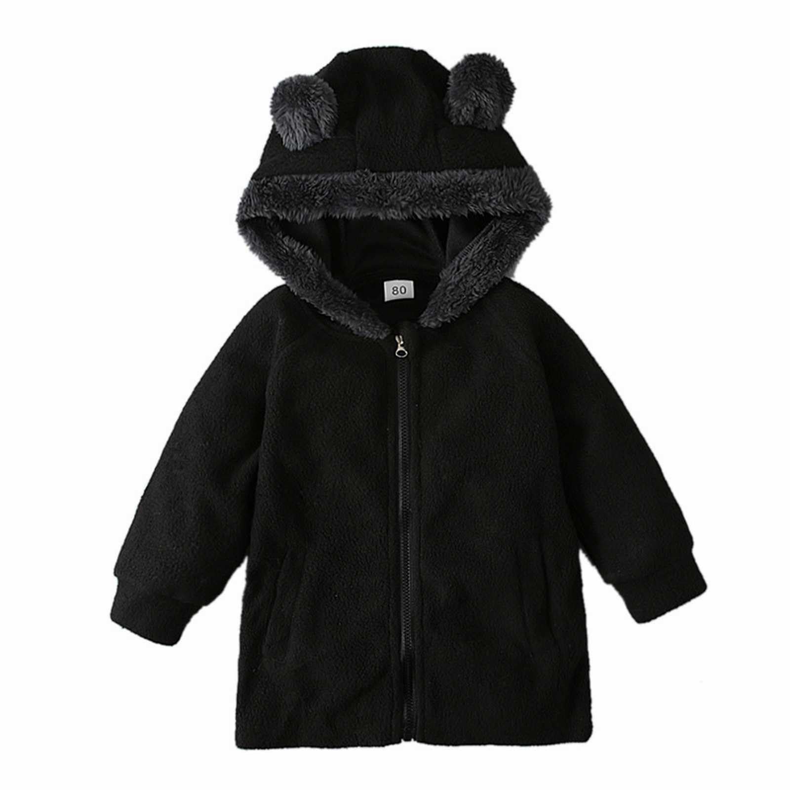 Toddler Kids Furry Thermal Jacket Snowsuit Boys Girls Long Sleeve Fleece Lined Cute Bear Ear (Black, 12-18 Months)