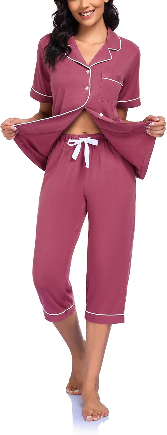 ANLIQI Women's Cotton Pajama Sets Short Sleeve Modal Capri Pjs Button Down Sleepwear for Women Soft & Comfy Lounge Set S-2XL