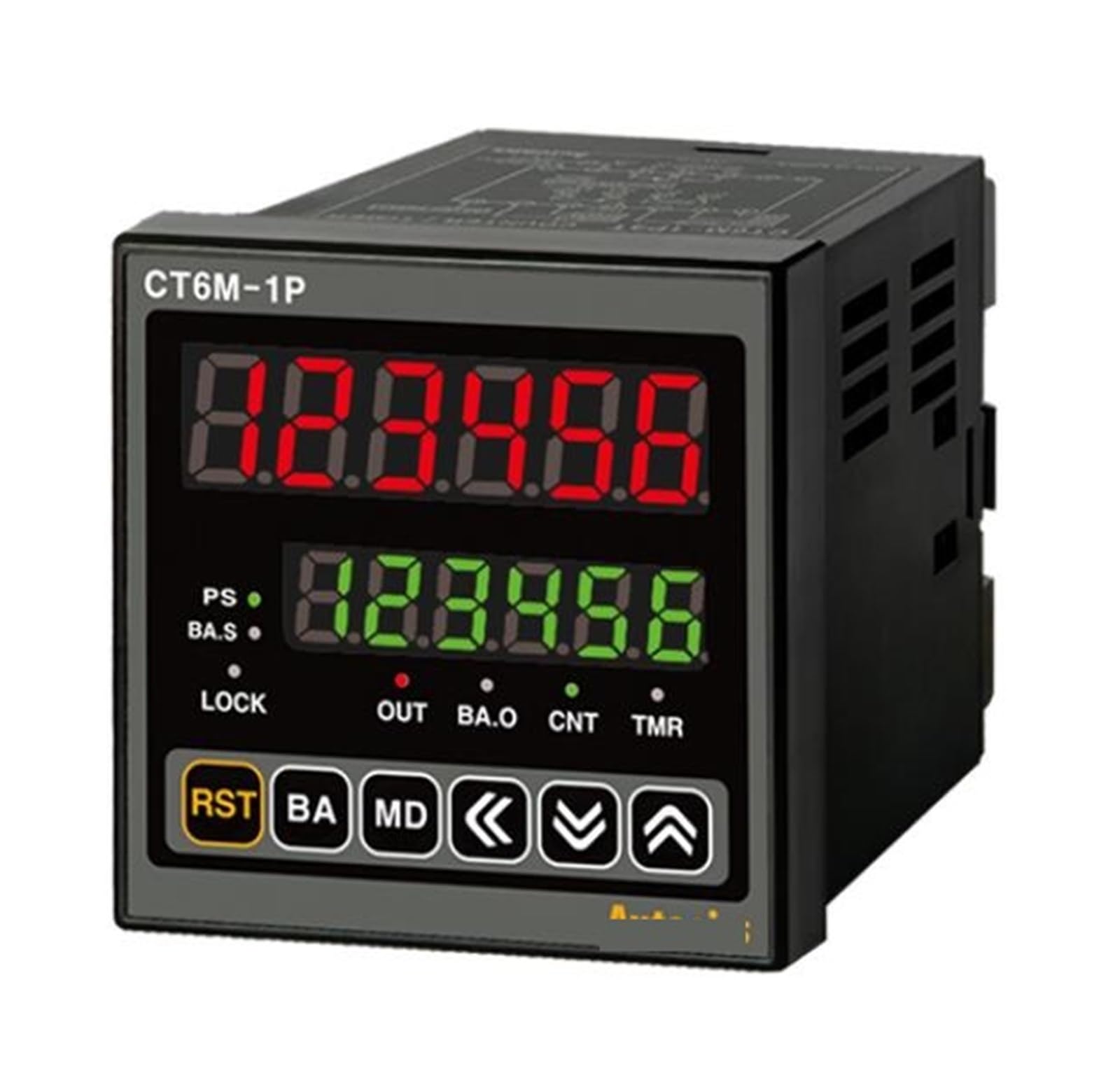 Contatore/timer CT6M-1P2, L72xA72mm, 6 cifre, LED, 1 preimpostazione, ingresso PNP o NPN, impostazione valore prescale, batch, relè SPDT (1c) 250VA(PNP Input)