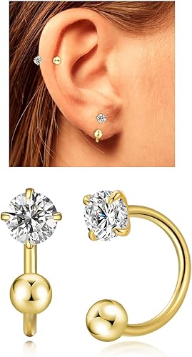 Miniatura 22 de Huggie - Aretes de medio aro para mujer y niña, pequeños aretes de cartílago, aretes de tuerca con piedra natal para mujer, hipoalergénicos, aretes