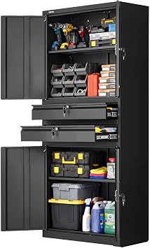 VEVOR Metal Storage Cabinet, 180 lbs Shelf Load Capacity, 70.87" Tall Garage Tool Storage Cabinet with 4 Locking Doors and Adjustable Shelves, 2 Drawers, for Garage, Home, Office, Utility Room, Black