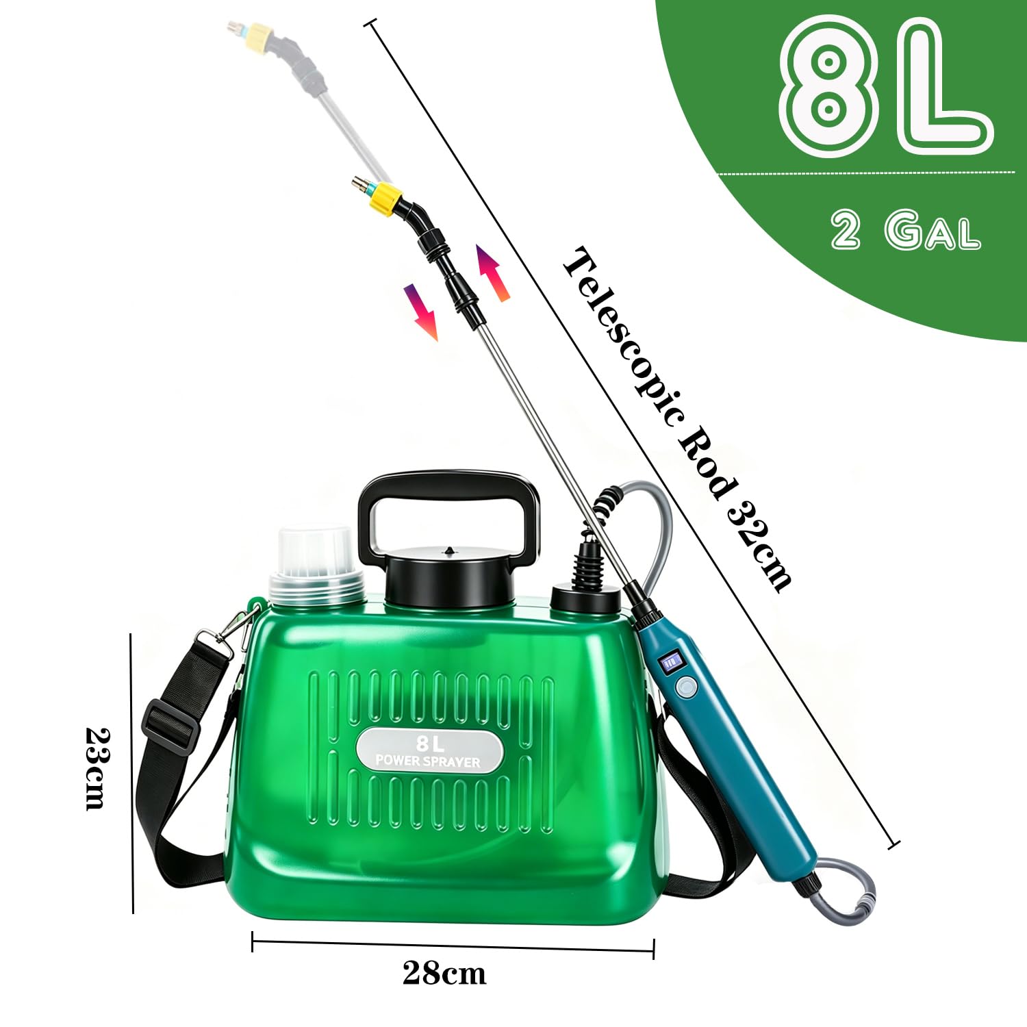 Drucksprüher AutoPump, Gartenspritze Sprühgerät mit Batterie, Elektrischer Pflanzensprüher mit 3 Düsen, Teleskopierbare Lanze mit Sichtbarer Batteriestand, Transparenter Tank (Grün 8L)