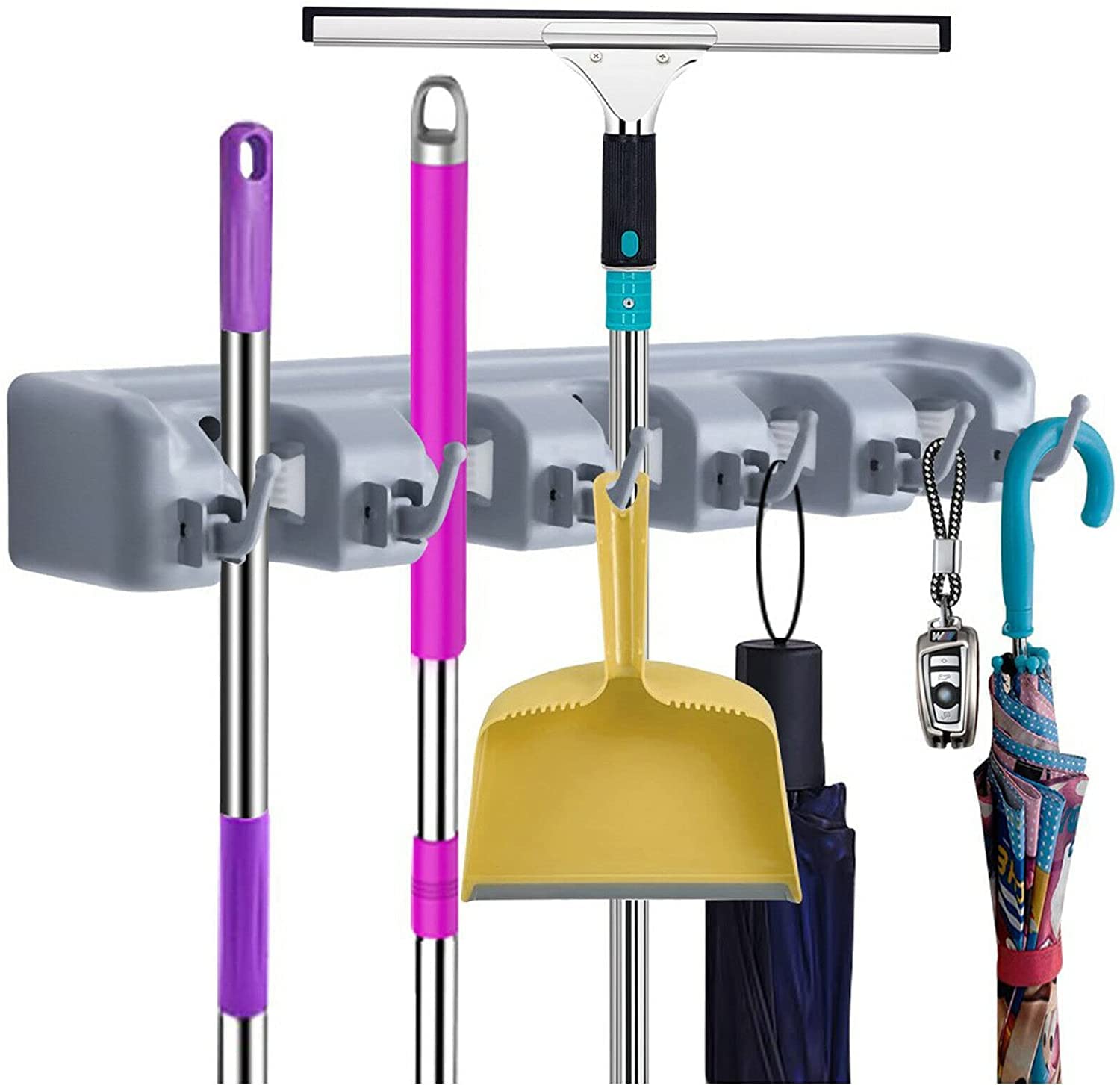 JunoBull Plastic Mop and Broom Holder, Effective Strong Holding 5 Slot Position and 6 Hooks, Storage Organizer up to 11 Tools Wall Mounted, for Kitchen, Garage, Garden (Color May Vary)