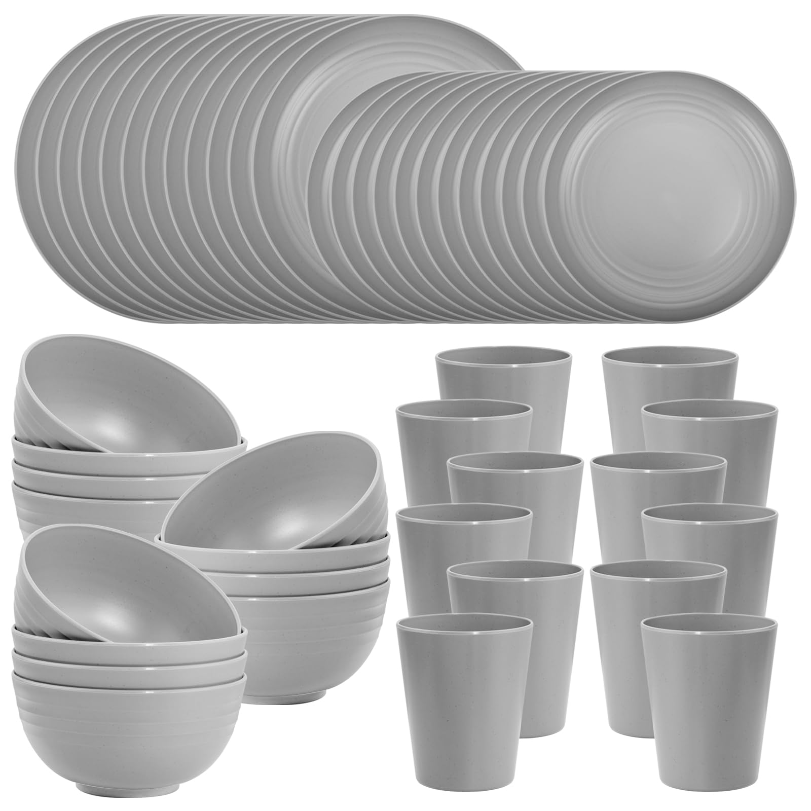 LIYH 48pcs Gray Straw Dinnerware,Plates and Bowls Set,Camping Dish Set for 12,Plastic Dinnerware Set,Dishwasher Safe Dinnerware Set,Unbreakable Plates,Camper Dish Sets,Reusable Tableware
