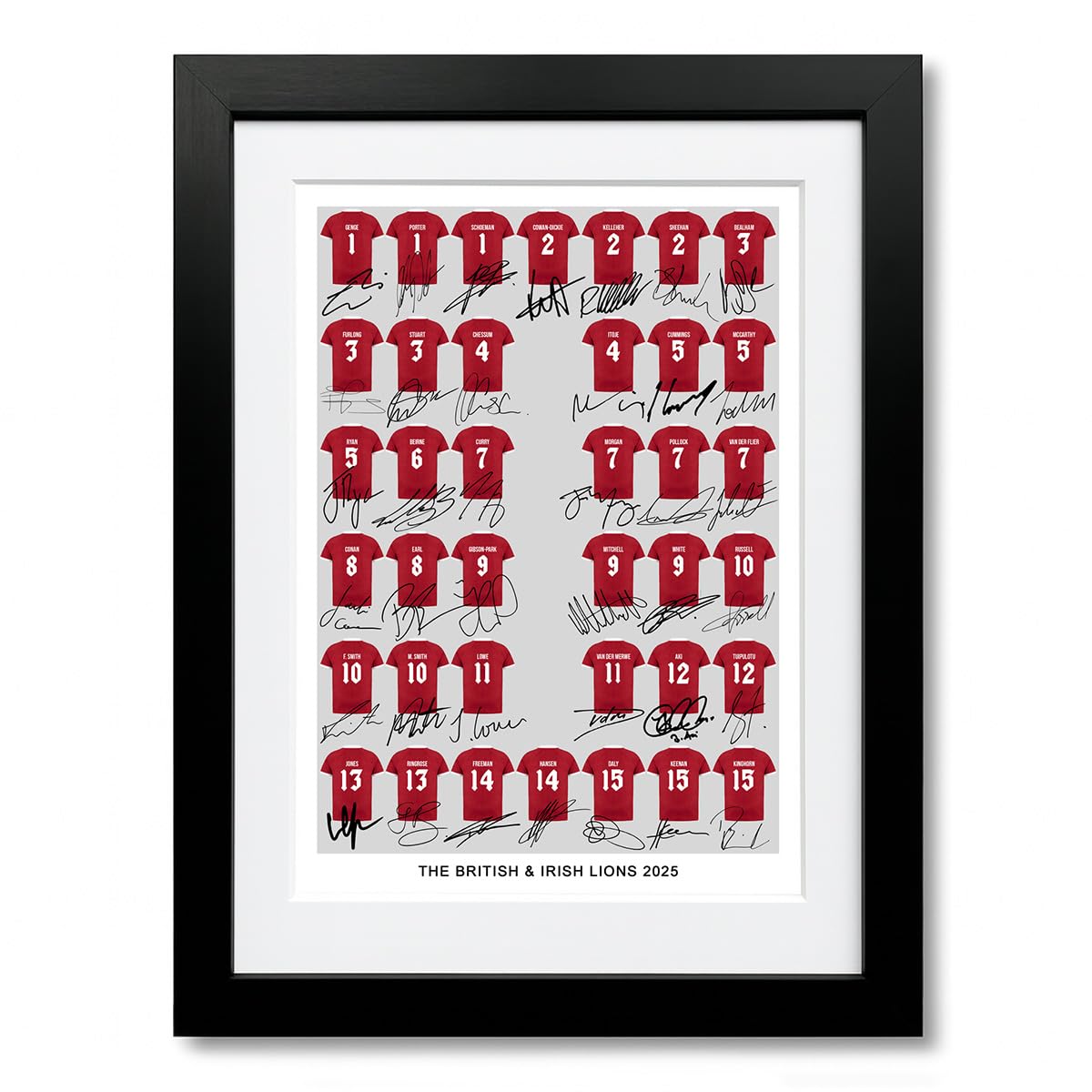 Mounted Gifts Trading A4 Black Framed & Mounted The British & Irish Lions 2025 Rugby Team Squad Signed Poster Print Framed Picture Photo Autograph Gift Maro Itoje Tadhg Furlong (A4 Black Framed & Mounted)