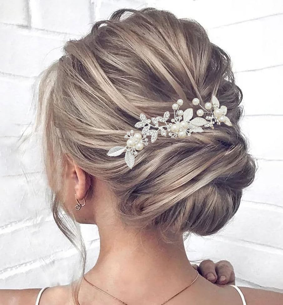 Heread Pearl Bride Wedding Hair Pins Silver Leaf Bridal Hair Pieces Rhinestones Hair Accessories for Women and Girls (Pack of 3)