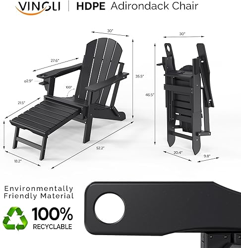 Miniatura 3 de VINGLI Silla plegable Adirondack con otomana, silla impermeable de plástico HDPE para exteriores con reposapiés ocultos, asiento ergonómico plegable