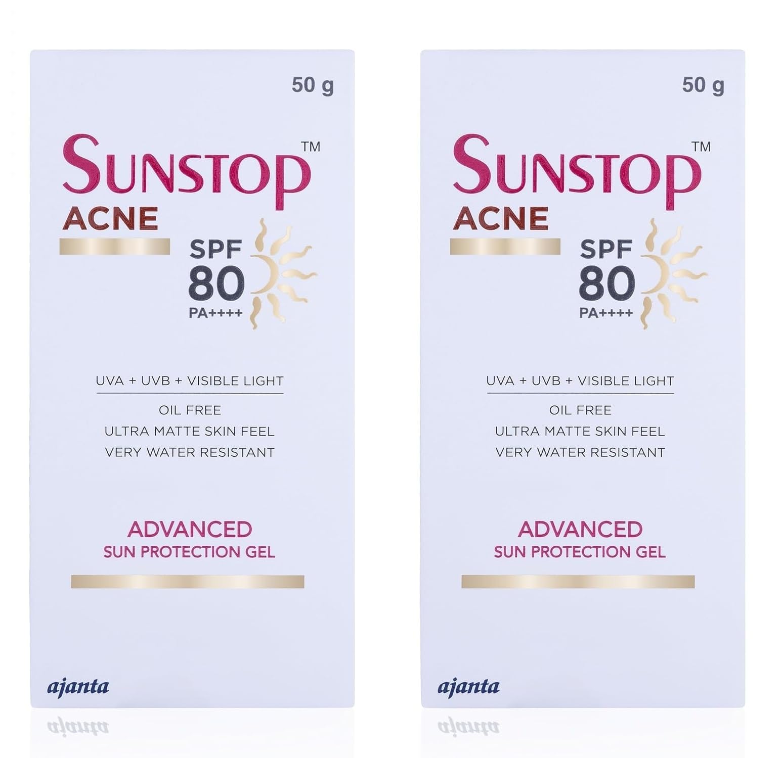 SUNSTOP Acne Gel SPF 80 - Ultra-Matte, Oil-Free Sunscreen for Acne-Prone & Oily Skin with Postbiotic Complex - Very Water-Resistant, Non-Comedogenic - 50gm,Pack of 2