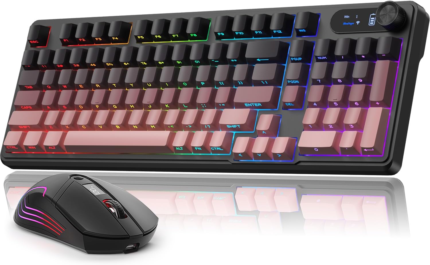 BlueFinger Wireless Gaming Keyboard and Mouse Combo, RGB Backlit, Tri-Mode Bluetooth/2.4G/USB-C Wired, 98 Keys Quiet Keyboard with Number Pad, Volume Knob & Screen, 4800 DPI Mouse for PC/Mac/Laptop
