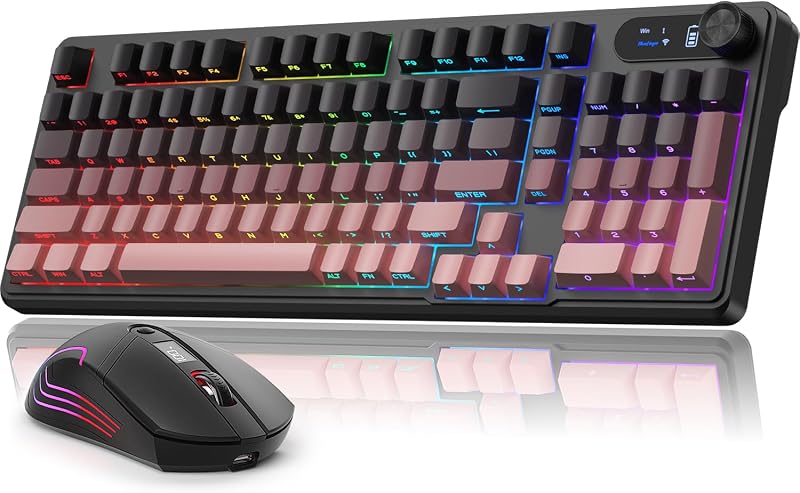 Wireless Gaming Keyboard and Mouse Combo, RGB Backlit, Tri-Mode Bluetooth/2.4G/USB-C Wired, 98 Keys Quiet Keyboard with Number Pad, Volume Knob & Screen, 4800 DPI Mouse for PC/Mac/Laptop