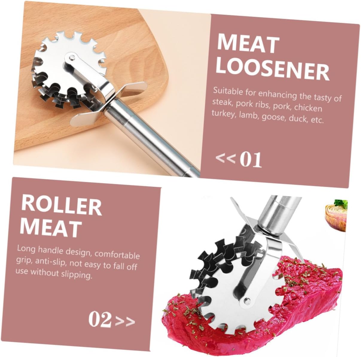 2pcs Stainless Steel Meat Tenderizer Roller with Ergonomic Handle for Steak Pork Chicken Lamb Needle Blade Tool to Soften Meat Fibers Kitchen Cooking Gadget