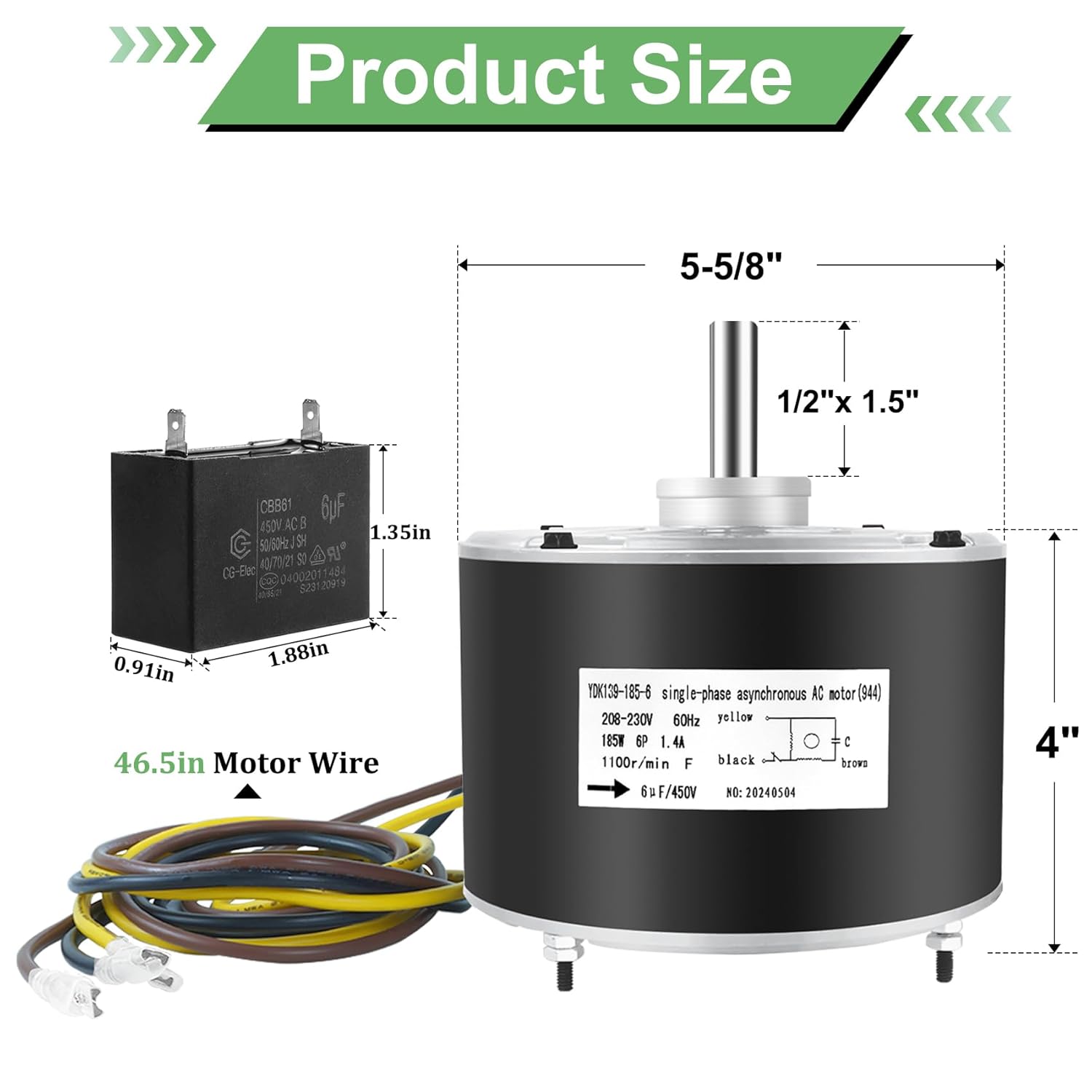 Condenser Fan Motor #5KCP39EGS070S, Replace for 5KCP39EGY823S, for hc39ge237, for GE3905; 5kcp39eg Motor Compatible with Carrier Models HC39GE236, HC39GE234A, HC39GE237A, 1/4hp, 1100 RPM, 208-230V