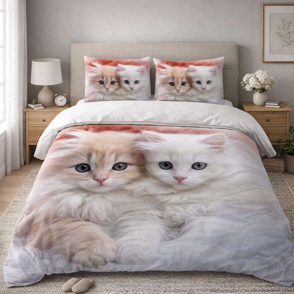 Adam Home 3D Digital Printed Cat Duvet Cover Set With Pillowcases Home Bedroom Décor Microfiber Single Bedding Set Made in UK |Two Fluffy Kittens