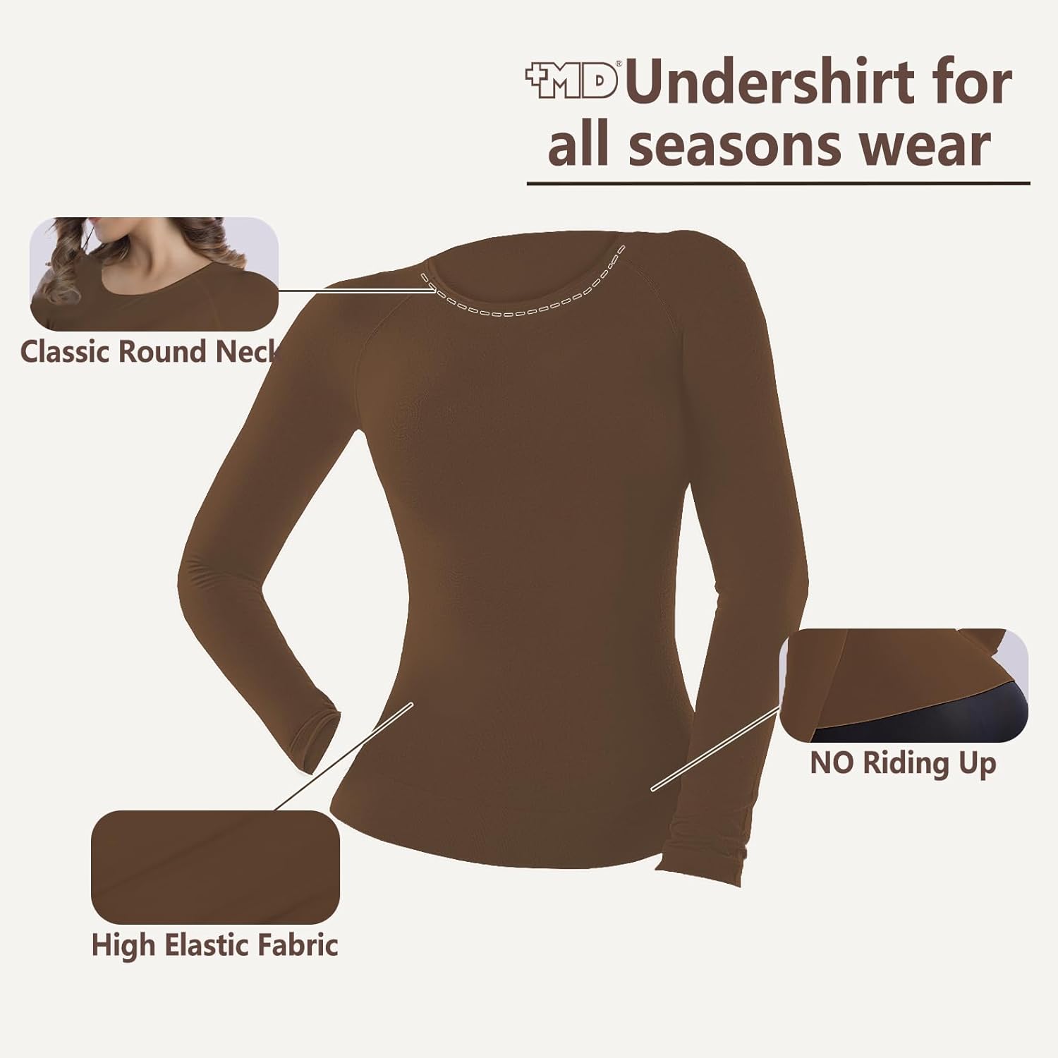 +MD Womens Long Sleeve Undershirts Tops Bamboo Viscose Round Neck Slim Fit Baselayer Soft Underscrub Light Compression - Image 5