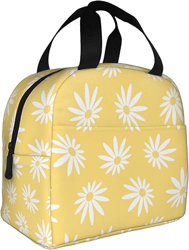Miniatura 2 de Bolsa de almuerzo blanca con margaritas amarillas, aislada, para adolescentes, escuela, reutilizable, contenedor portátil para niños, niñas, viajes,