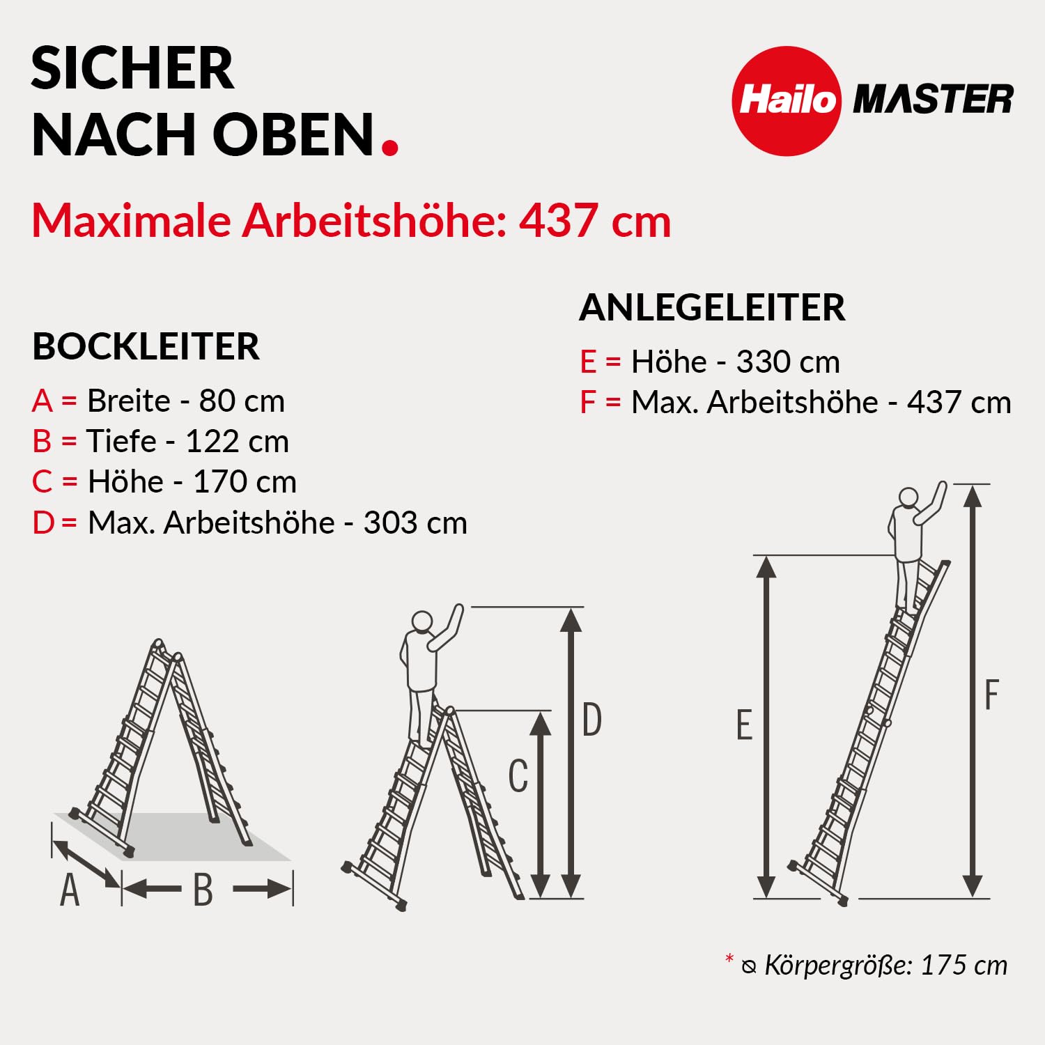 Hailo Master M100 Alu-Multifunktionsleiter 4x4 Stufen bis 150 kg, Silber | Verwendbar als Anlege-, Schiebe- und Stehleiter, Stufen im Arbeitsbereich für sicheren Stand