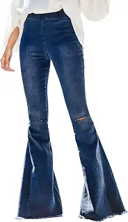 YIyyill Women's Ripped Destroyed Flare Jeans Spring Summer High Waist Elastic Bell Bottom Knee Flared Denim Pants Streetwear