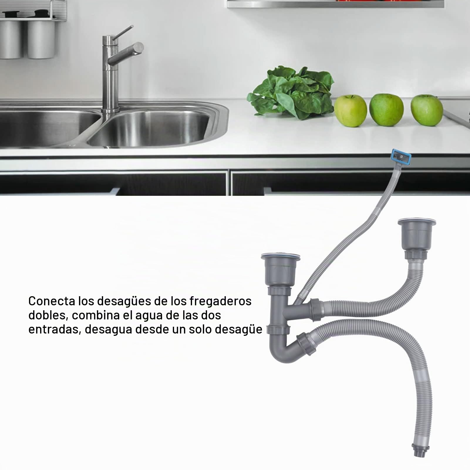 Kit Desague de Tubería Doble para Fregadero Universal, Taza Interior de Acero Inoxidable, Sifon Doble Fregadero de Escurridor Adecuado para El Hogar, Cocina, Drenaje Rápido