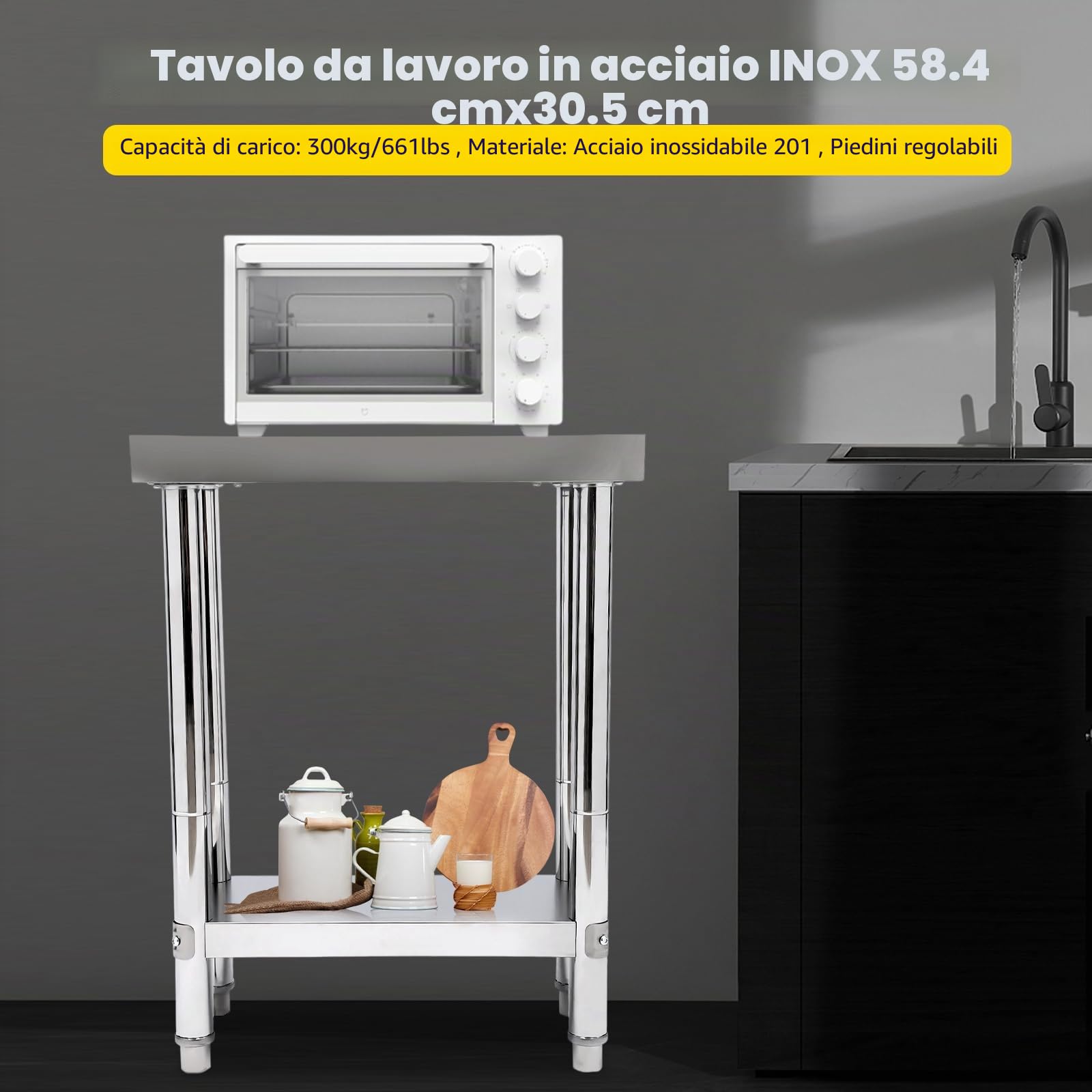 Tavolo da Lavoro in Acciaio Inox a 2 Livelli, Piano da Cucina Con Ripiano Regolabile in Altezza per Preparazione Alimenti (60 x 30 x 85)
