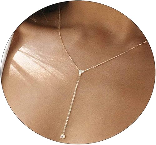 VIROMY Delicado collar en Y para mujer, collar largo de oro de 14 quilates, chapado en oro de 14 quilates, circonita redonda, simple, hecho a mano,