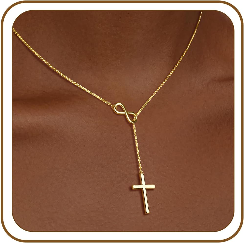 Poxtex Infinity Cross Necklace for Women, 14K Gold Plated Necklace Unique Trendy Cross Pendant Jewelry, Non Tarnish & Waterproof Christian Jewelry - First Communion Confirmation Easter Gifts