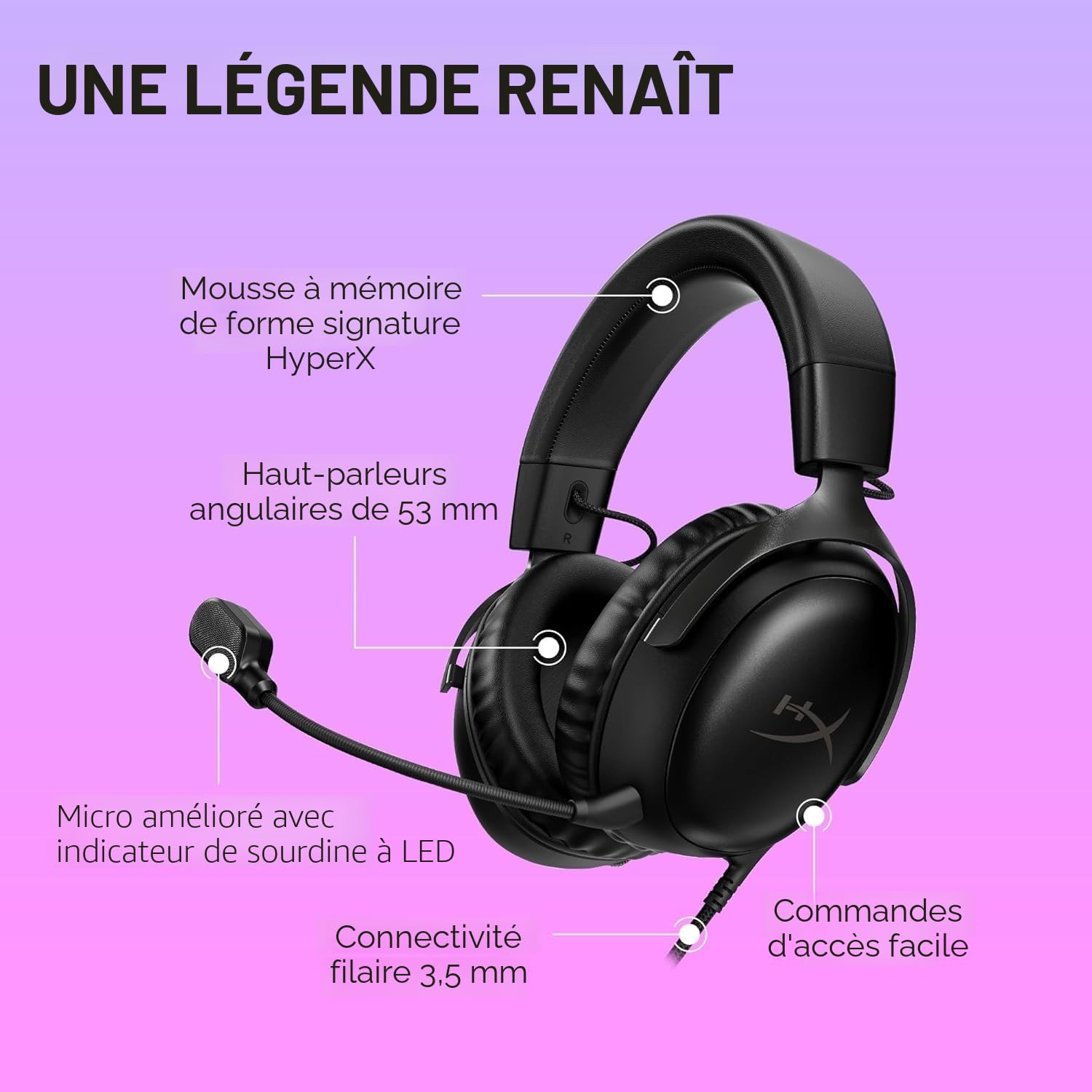 HyperX Cloud III – Casque de Gaming Filaire, PC, PS5, Xbox Series X|S, DTS, Mousse à mémoire de Forme, Microphone au Son cristallin de 10 mm, avec Suppression du Bruit, USB-C, USB-A, 3.5mm – Noir