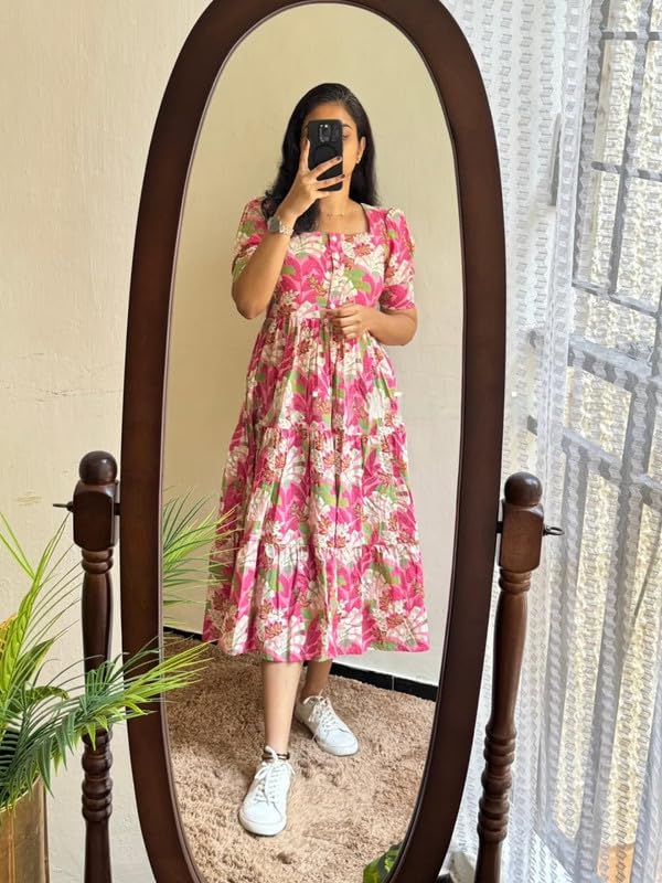Image of Floral Midi Dress for Women - Summer Boho Dress, Lightweight & Breathable, Elegant Floral Print, Casual & Vacation Outfit, Comfortable Flowy Dress for Women