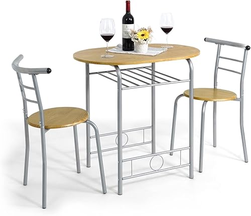 CAPHAUS Juego de comedor de 3 piezas para 2, cocina pequeña, juego de mesa de comedor con marco de acero, juego de patio de 3 piezas con estante