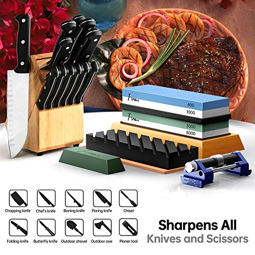 Knife Sharpening Stone Set, Finew Premium 4 Side Grit 400/1000 3000/8000 Water Stones, Non-slip Bamboo Base, Flatting Stone, Angle Guide, Leather Strop, Polishing Compound and Honing Guide - Thumbnail 5