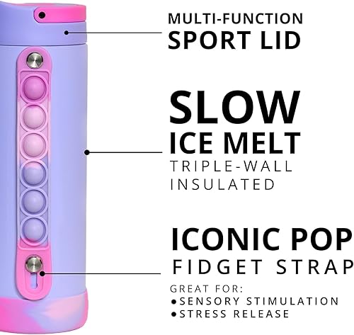 Miniatura 7 de Elemental Botella de agua icónica para niños con tapa de popote y alivio de estrés, mango Pop It, a prueba de fugas cuando está cerrada, botella de