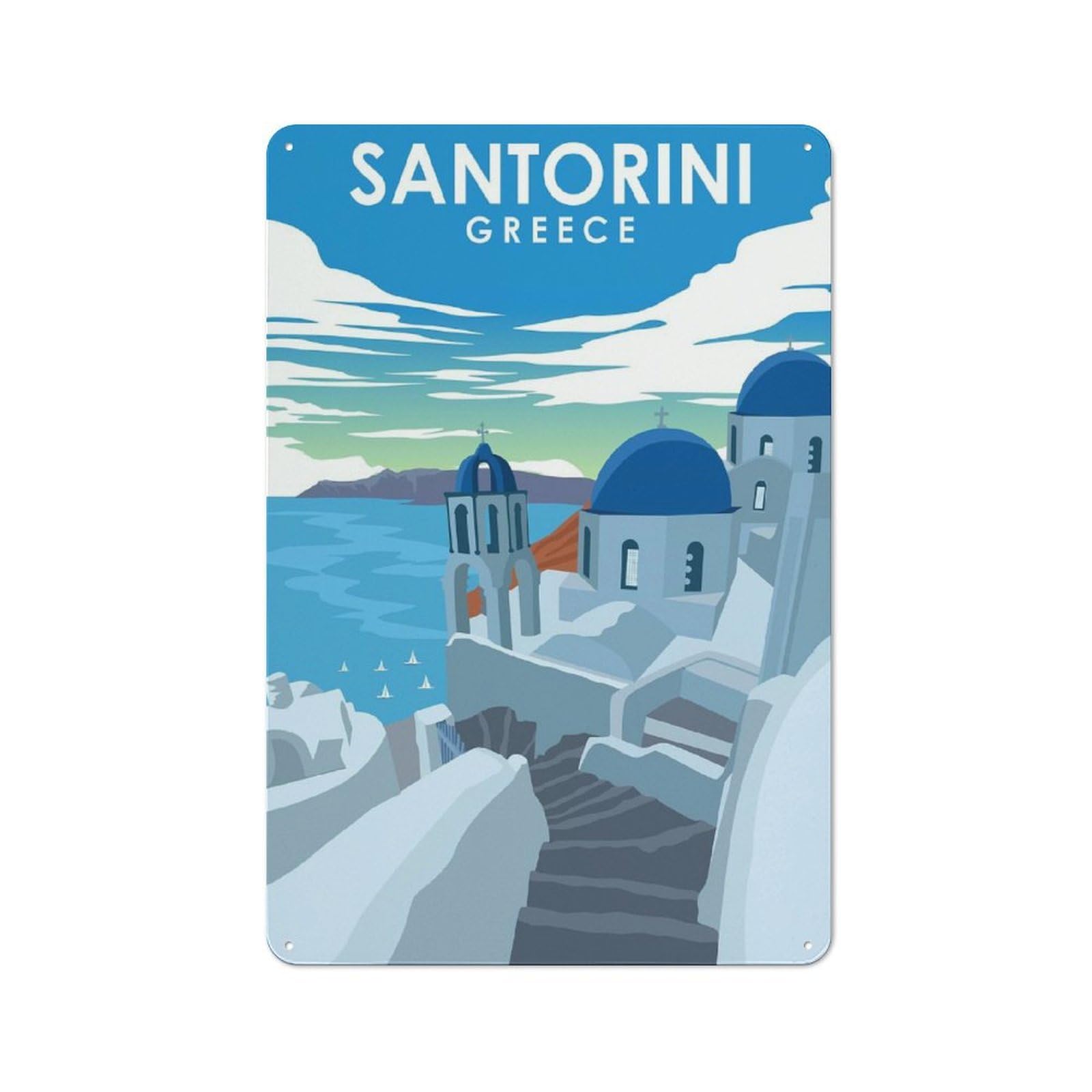 Junmoney Style-10 Santorini Greece Travel(2) Classic Metal Wall Decor 30X20cm, Metal Wall Plaque For Hobby Room, Office, Lounge Or Living Room