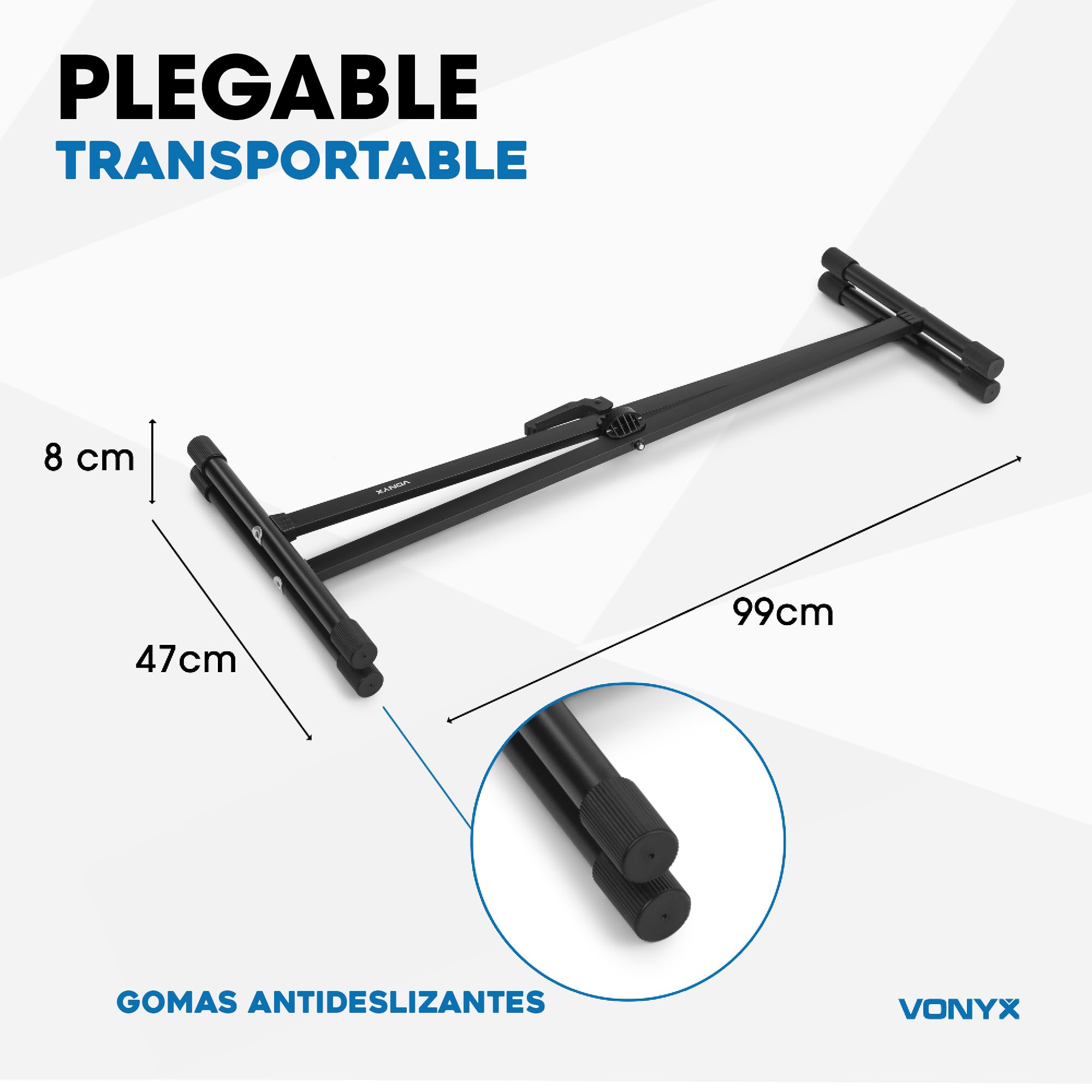 Vonyx KBS03 Soporte de teclado de piano con forma tijera X - Altura ajustable, plegable y portátil, acero resistente, gomas antideslizantes - Idóneo para músicos en el escenario, de viaje o en casa.