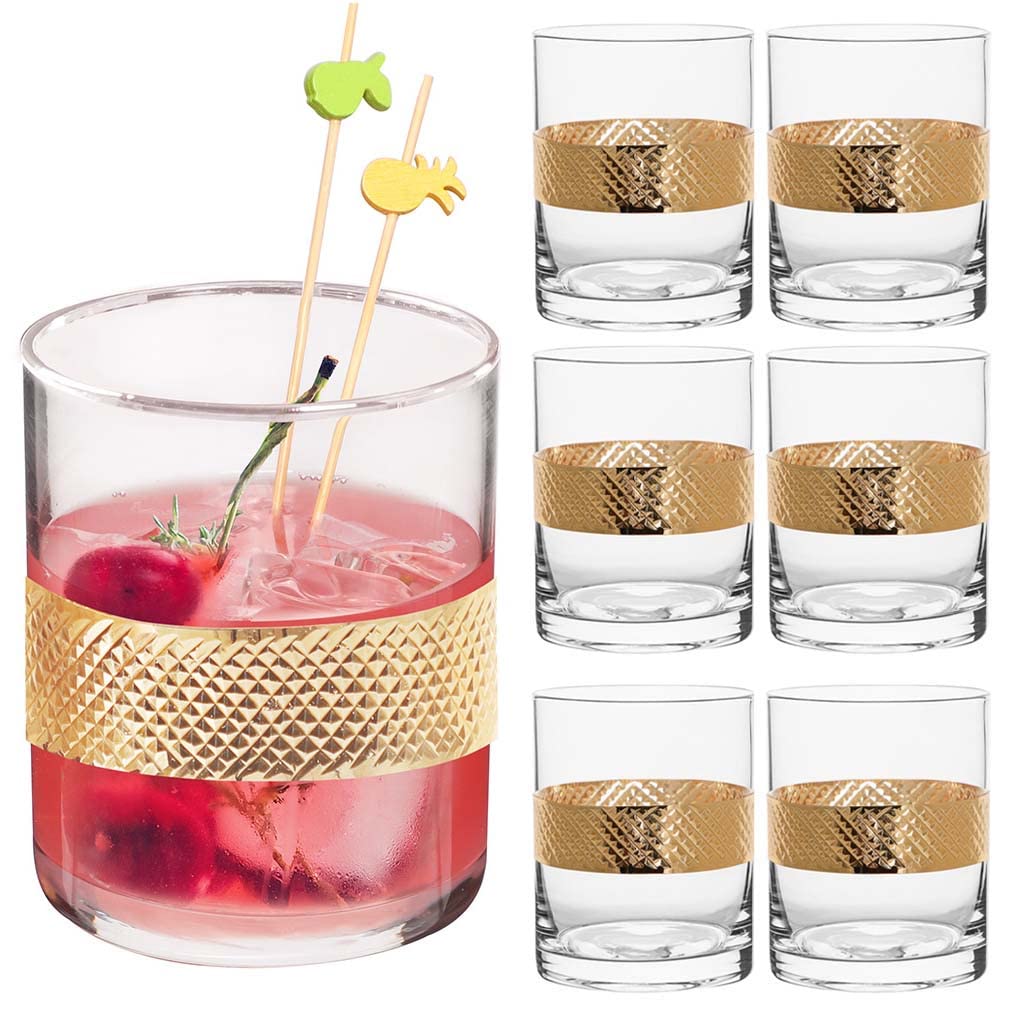 Dibor Set of 6 Deluxe 400ml Cocktail Tumbler Glasses Gold Diamond Embossed Glassware Christmas Glass Gift Set (BW35)