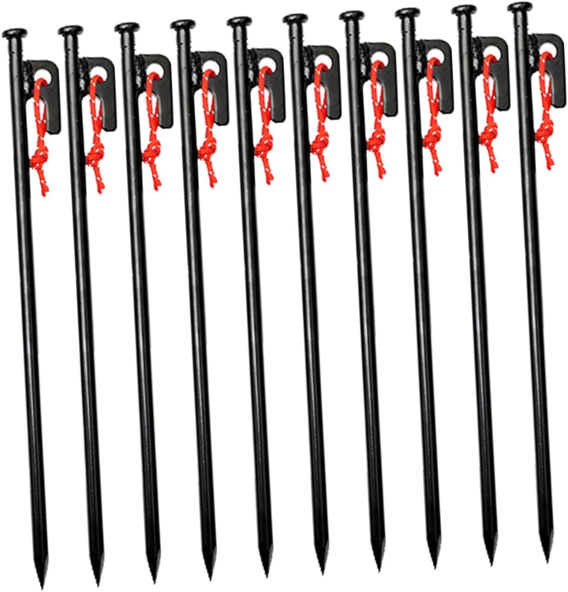 BESTonZON 10pcs Heavy Duty Metal Tent Stakes for Camping 30cm Black Tent Pegs with Rope Holes and Storage Bag Outdoor Ground Anchors and Windproof Shelter Accessories