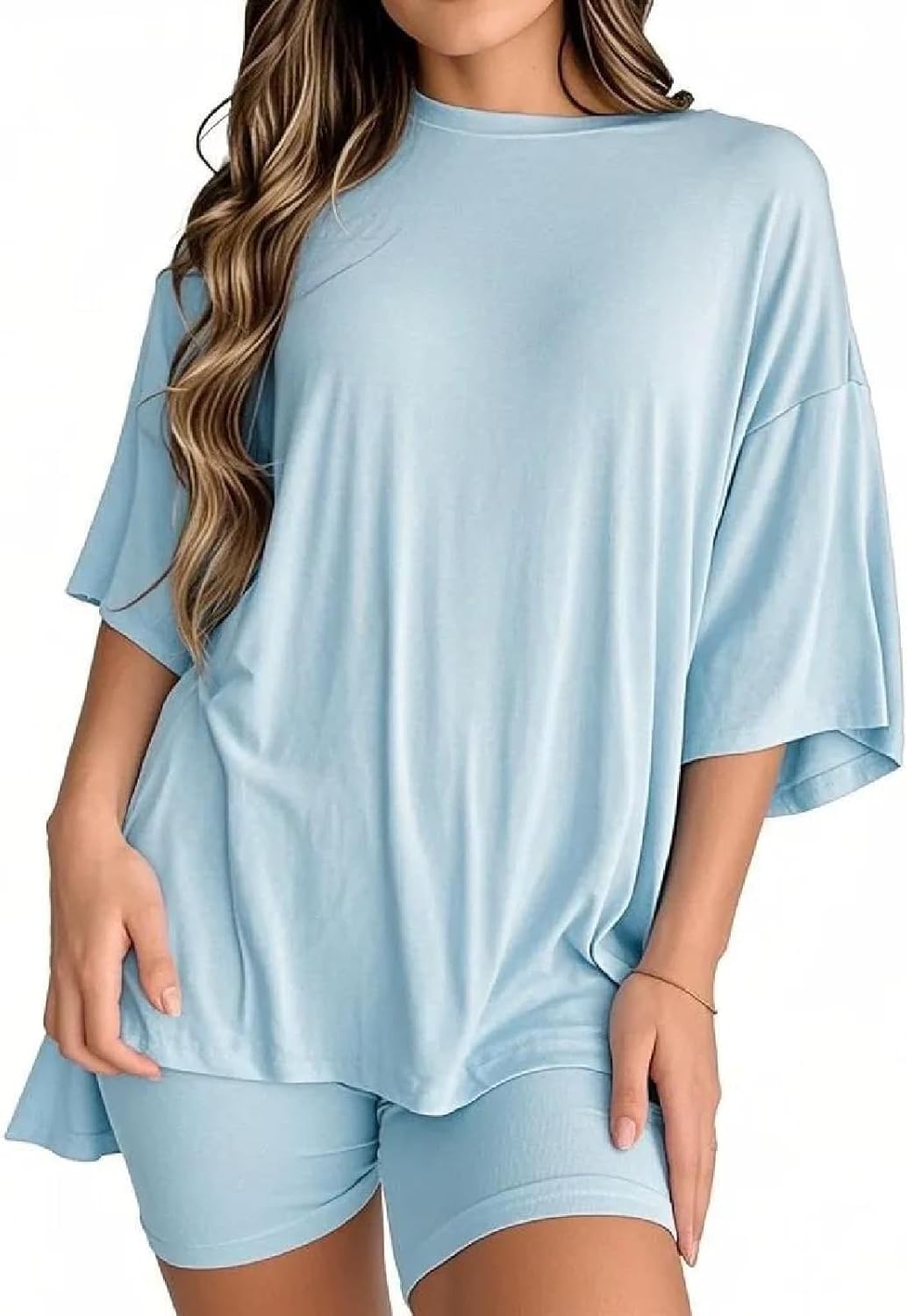 Women's Trendy Casual Two-Piece Set Half Sleeve Crew Neck Loose Top High Waist Stretchy Shorts For Daily Sports