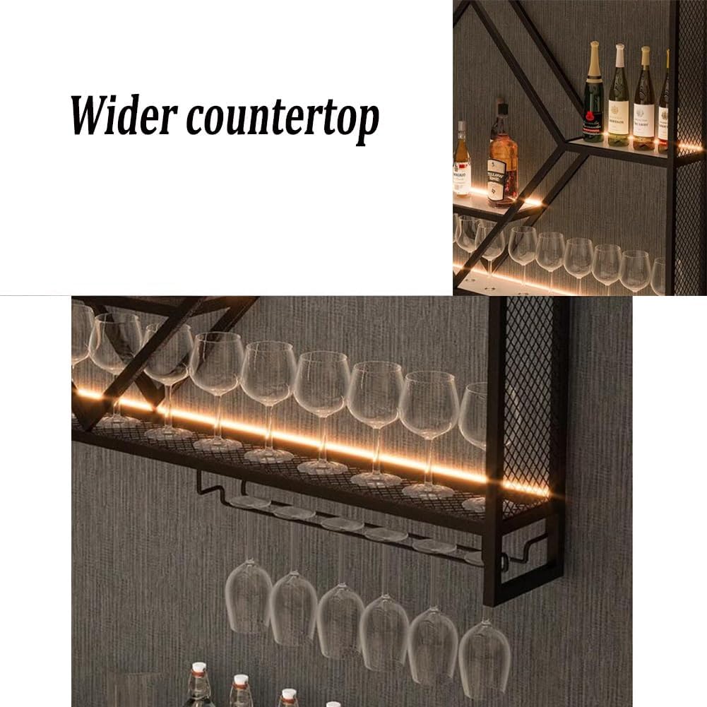 Industrial Wall Mounted Wine Rack, Bar Unit Floating Shelves, Large Floating Shelves Wine Storage Display Rack, with LED Strip (Color : Black, Size : 100x15x80cm)