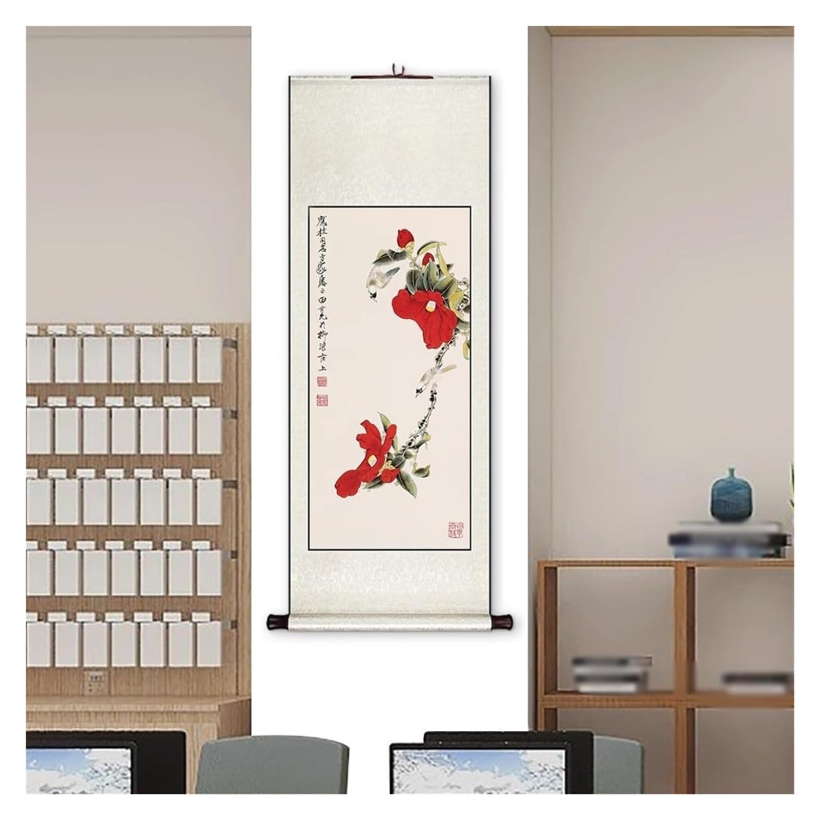 Chińskie malowidło z motywem ptaków kwiatowych, tradycyjna ręcznie robiona sztuka korytarza, wystrój sypialni Feng Shui, kolekcja prezentów świątecznych(Creamy White I,59L x 148W cm)