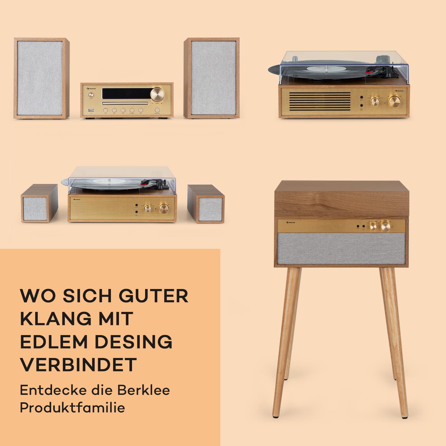 Auna Plattenspieler mit Lautsprecher, Plattenspieler mit Bluetooth & Standfüßen, Retro-Schallplattenspieler Bluetooth Transmitter & Receiver, Moderner für Schallplatten