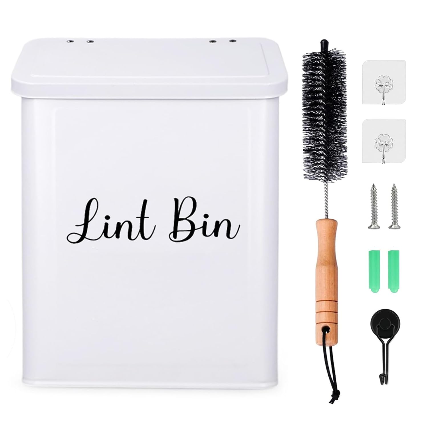 Magnetic Lint Bin for Laundry Room, Wall Mounted Metal Lint Box Holder Trash Can with Lid for Dryer, Lint Basket for Laundry Room Organization,Dryer Trash Can with Soft Lint Brush and Hooks