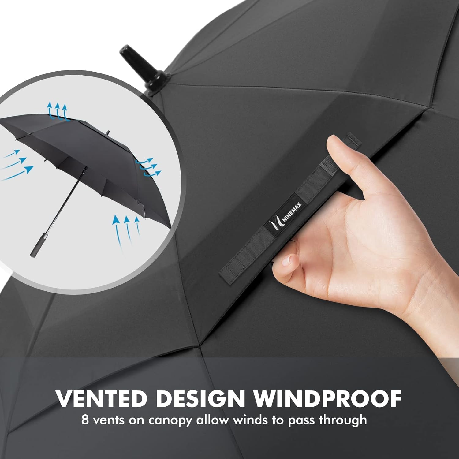 NINEMAX Parapluie de Golf Résistant au Vent 137cm,Grand Parapluies Surdimensionnés a Ouverture Automatique,Double Canopée pour la Voyages,Golf（Noir）