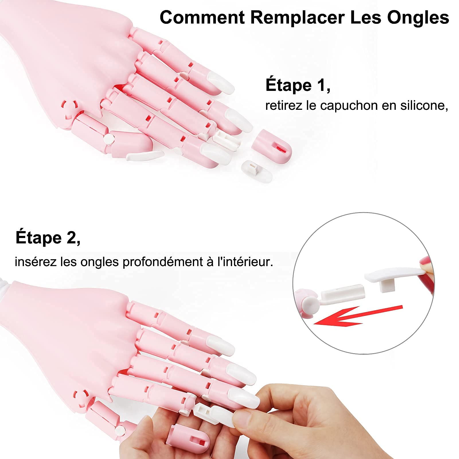 Main D'entrainement Manucure, Flexible Réglables Modèle Main Avec 400 Faux Ongles, Professionnels Main d Entrainement Pour Ongle, Rose