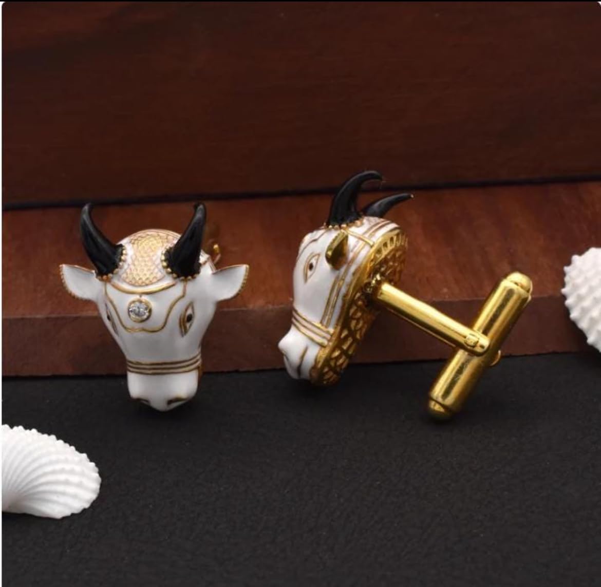 Bull Head Cufflinks, White and Gold Enamel, Black Horns, Novelty Animal Theme