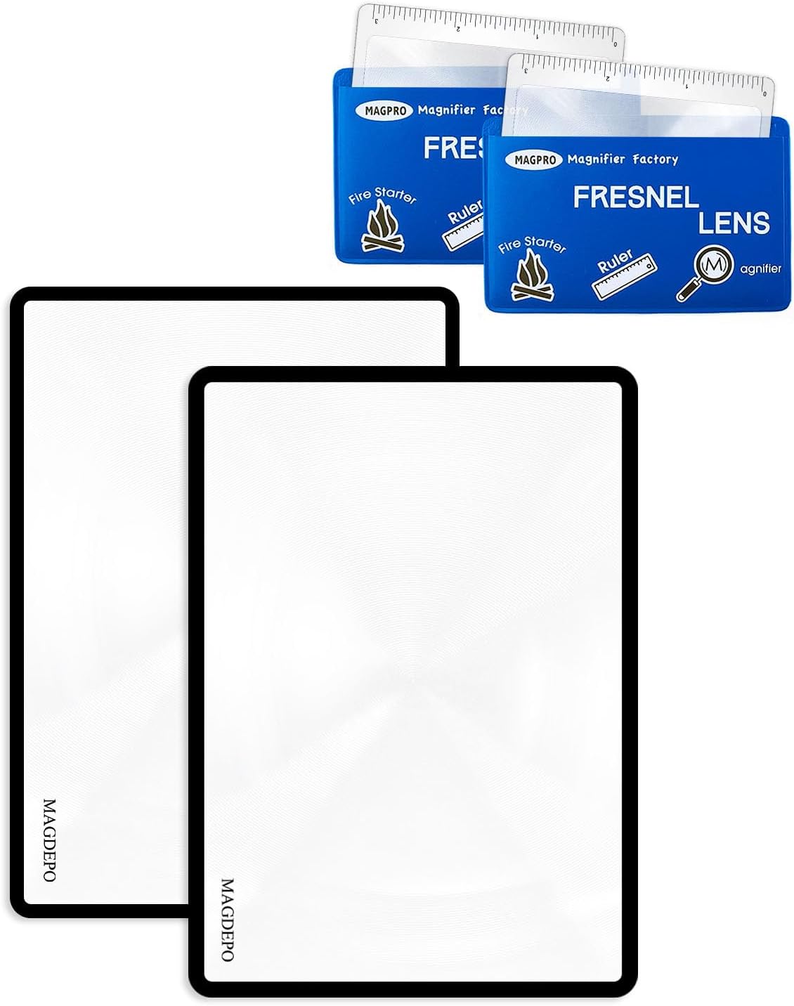 MAGDEPO Magnifying Sheet 2 Pack 3X PVC Page Magnifier B6 Size with 2 Card Size Magnifier Lens and Card Covers, Good for Reading Small Patterns, Maps, Manue, Can Labels, and Books