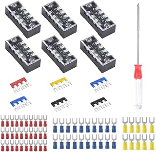 73Pcs(6Sets) Terminal Block Set, 6Pcs 4 Positions 600V 15A Dual Row Screw Terminal Strip Block + 6Pcs Pre-Insulated Terminals Barrier Strip + 60Pcs Insulated Fork Wire Connector by CGele…