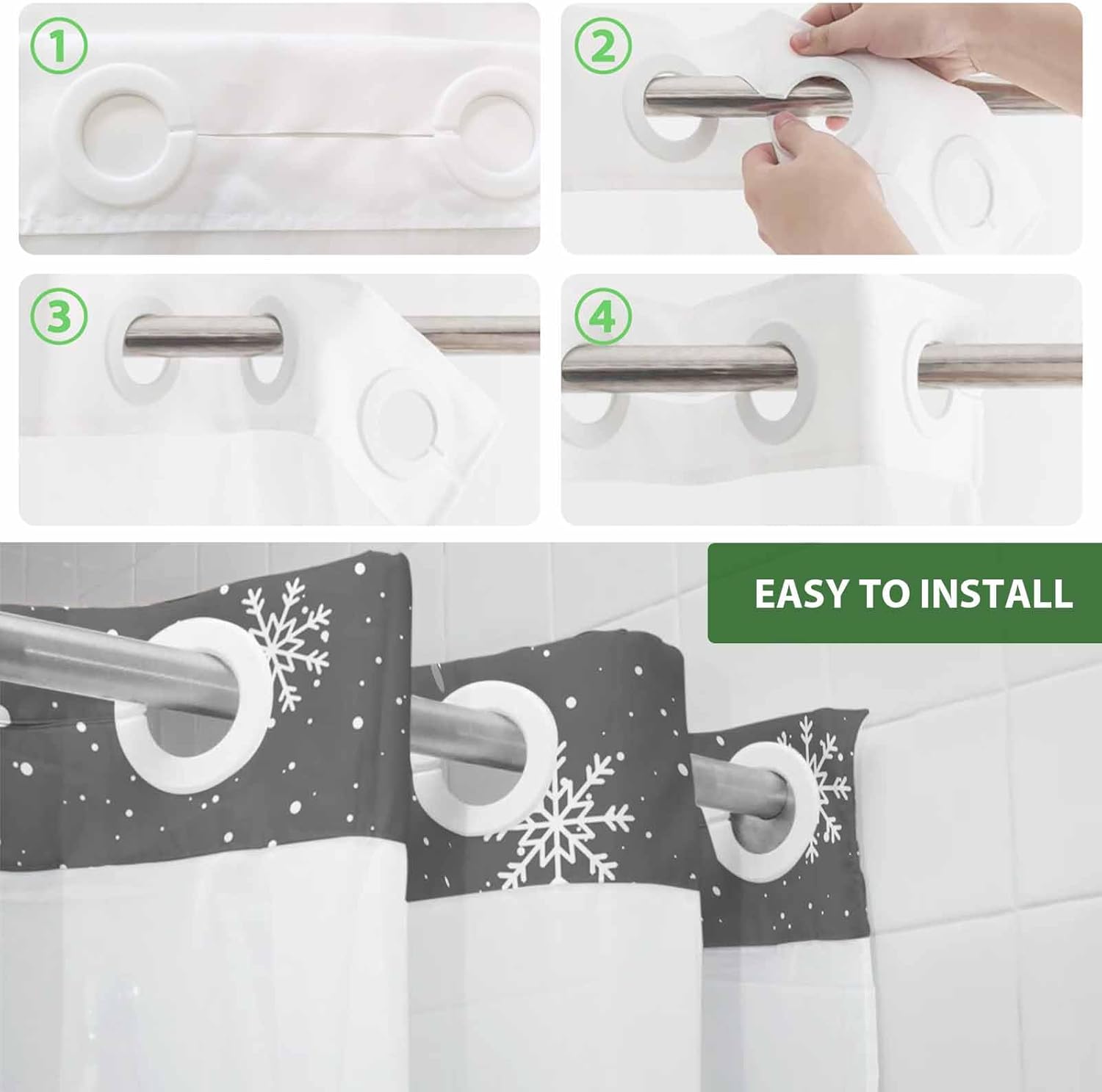 Christmas No Hook Shower Curtain and Liner Set,Cute Winter Snowman Snap-in Liner Shower Curtains with See Mesh Top Window for Bathroom,White Snowflakes on Grey Bath Curtain,60Wx72L
