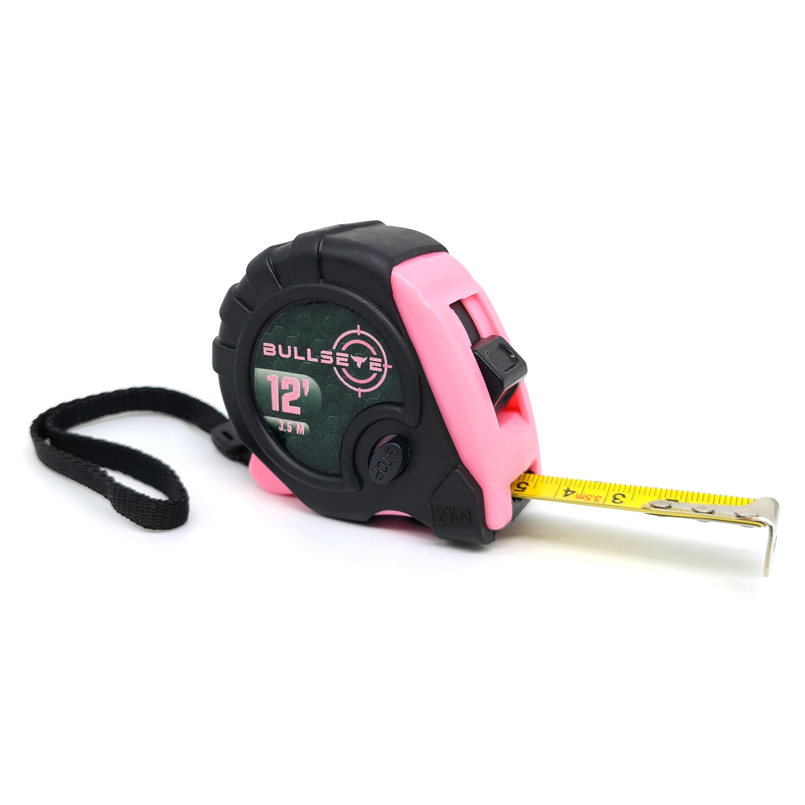 Bullseye Tape Measure 12 Foot | Pink | Small, Retractable Measuring Tape with Pause Buttons | Easy-to-Read Standard and Metric Measurements for Adults
