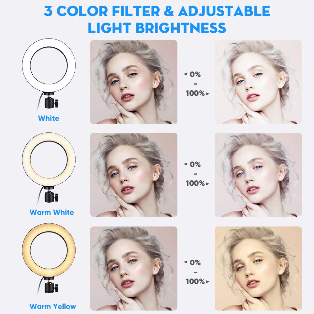 Wakects Kit d'éclairage annulaire LED de 6 Pouces avec trépied + Support de téléphone pour Youtube, kit d'éclairage Photo vidéo, Anneau Lumineux avec 3 Couleurs et 10 Niveaux de luminosité