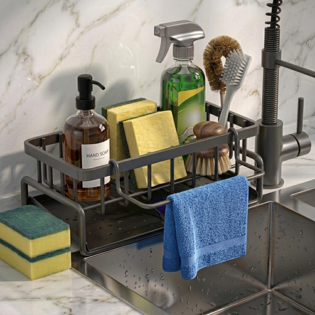 Metal Sponge Holder for Kitchen Sink, Auto-Draining Kitchen Sink Organiser with Drain Tray & Towel Bar, Rust Resistant Large Capacity Storage Rack with 2 Sponges (Black)-image-18